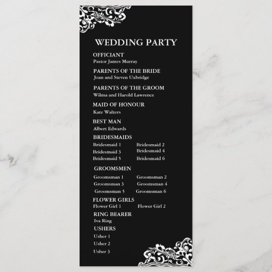 Hochzeitsprogramm für Schwarz und Weiß Programm (Rückseite)