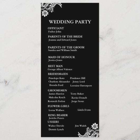 Hochzeitsprogramm für Schwarz und Weiß Programm (Rückseite)