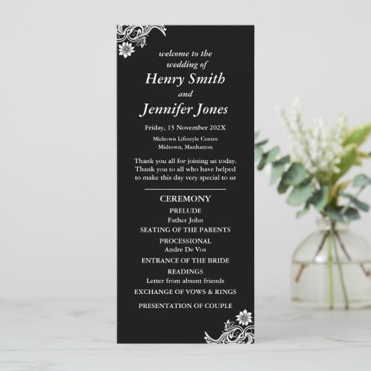 Hochzeitsprogramm für Schwarz und Weiß Programm (Stehend Vorderseite)