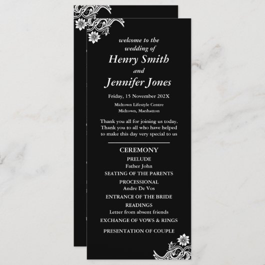 Hochzeitsprogramm für Schwarz und Weiß Programm (Vorne/Hinten)