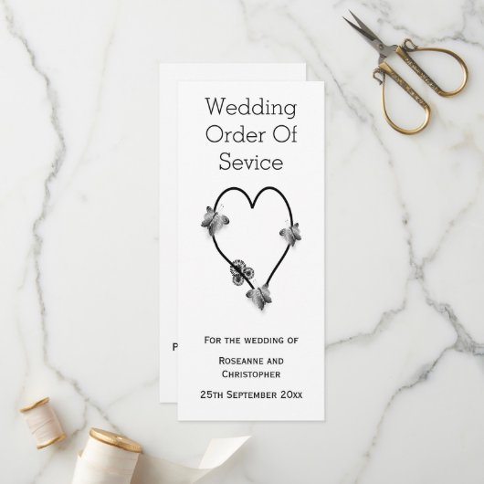 Hochzeitsprogramm für Schwarz-Weiß-Schmetterlinge Programm (Vorderseite/Rückseite Beispiel)
