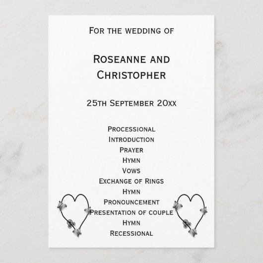 Hochzeitsprogramm für Schwarz-Weiß-Schmetterlinge Programm (Rückseite)