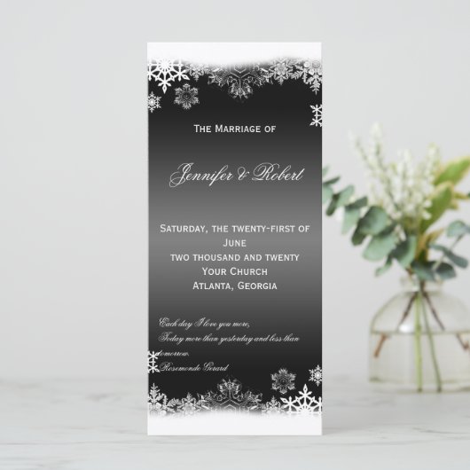 Hochzeitsprogramm für Schwarz-Weiß-Schneeflocken Programm (Stehend Vorderseite)