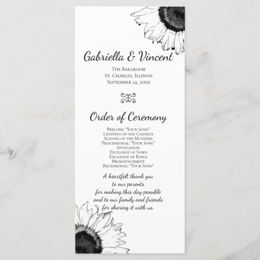 Hochzeitsprogramm für Schwarz-Weiß-Sonnenblumen Programm (Vorderseite)