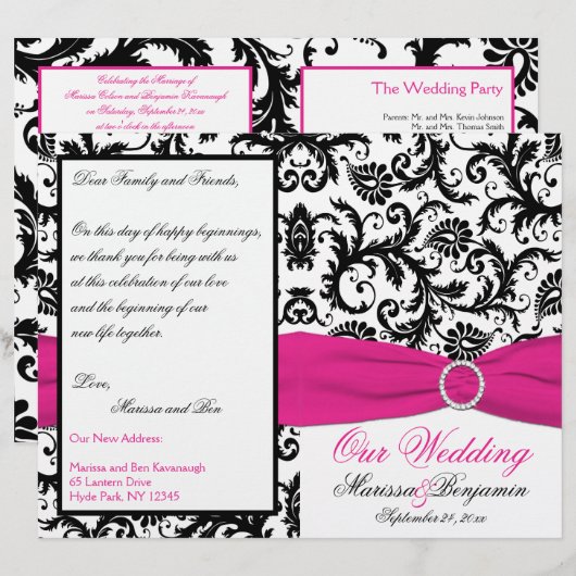 Hochzeitsprogramm für Schwarz, Weiß und Fuchsia Da (Vorne/Hinten)