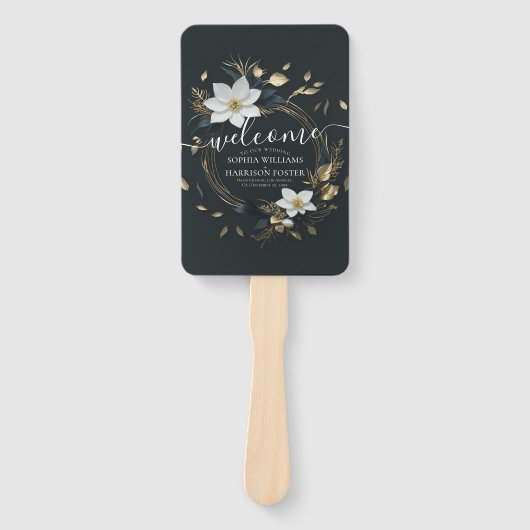 Hochzeitsprogramm für Schwarz-weiße und goldene Bl Fächer (Vorderseite)