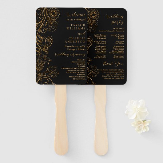 Hochzeitsprogramm für Schwarze und Gold Fächer (Vorne und Hinten)