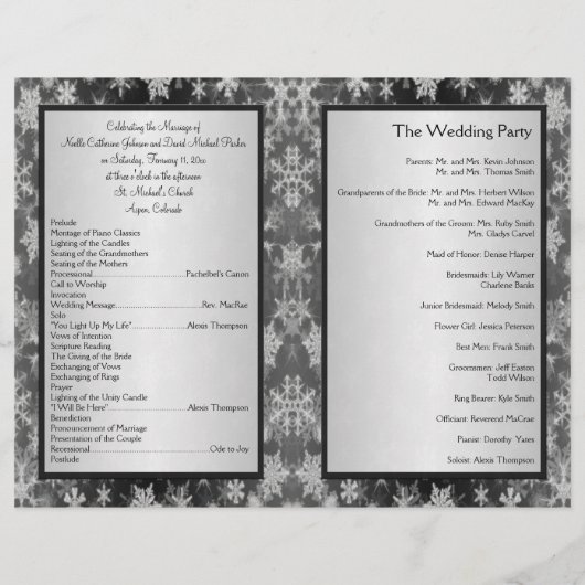 Hochzeitsprogramm für Schwarze und Silberschneeflo (Rückseite)