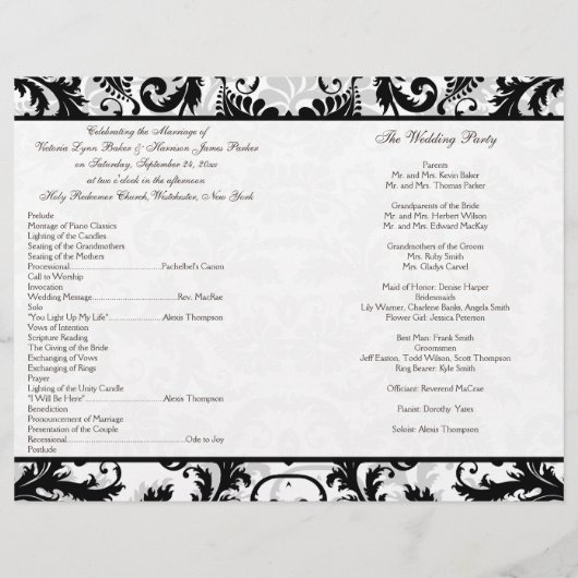 Hochzeitsprogramm für schwarze, weiße, graue, flor (Rückseite)