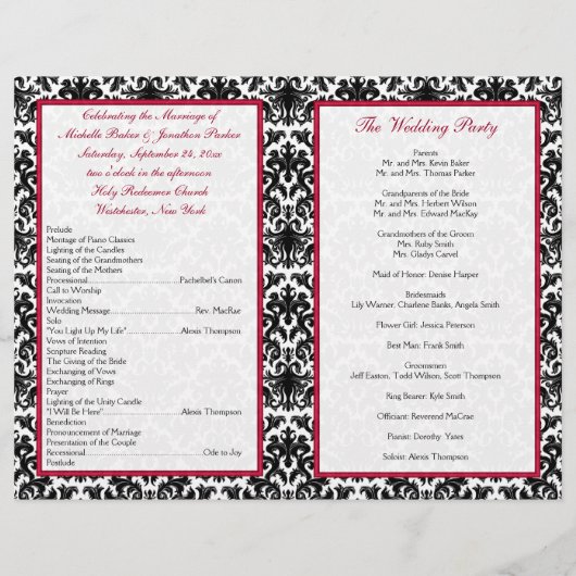 Hochzeitsprogramm für Schwarze, Weiße und Rote Dam (Rückseite)