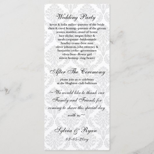 Hochzeitsprogramm für Schwarzweiß Programm (Rückseite)