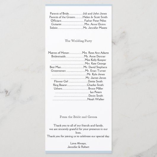 Hochzeitsprogramm für Seestreifen mit floralen Akz Programm (Rückseite)