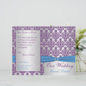 Hochzeitsprogramm für Silber, Blau und Lila Damask (Stehend Vorderseite)