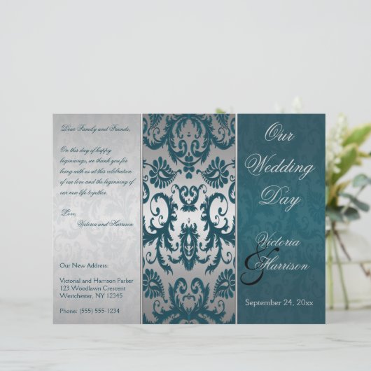 Hochzeitsprogramm für Silber und Aquamarine Damask (Stehend Vorderseite)