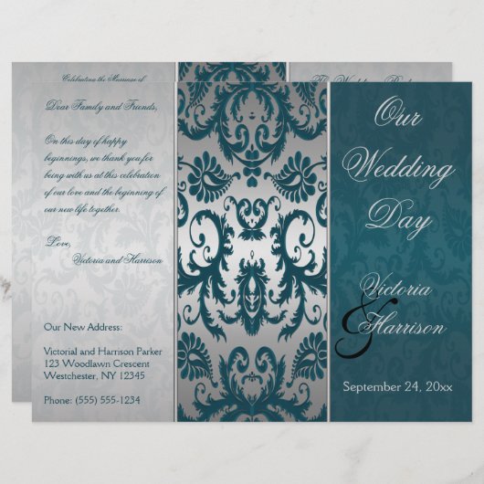 Hochzeitsprogramm für Silber und Aquamarine Damask (Vorne/Hinten)
