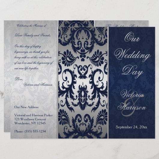 Hochzeitsprogramm für Silber und Navy Blue Damask (Vorne/Hinten)