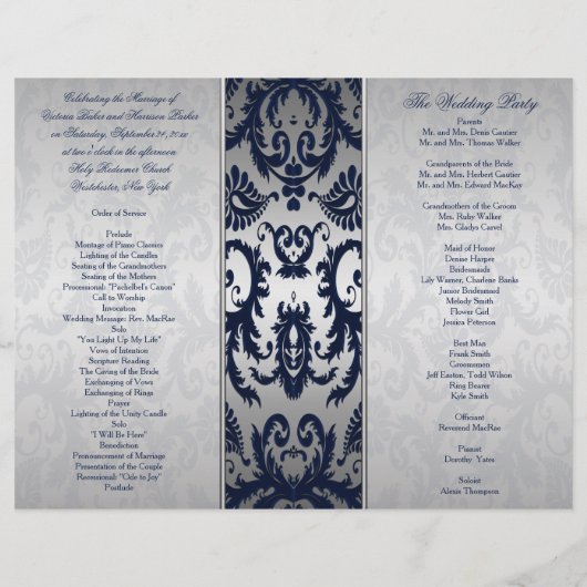 Hochzeitsprogramm für Silber und Navy Blue Damask (Rückseite)
