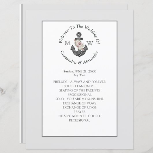 Hochzeitsprogramm für Silberne graue Nautic Floral (Vorne/Hinten)