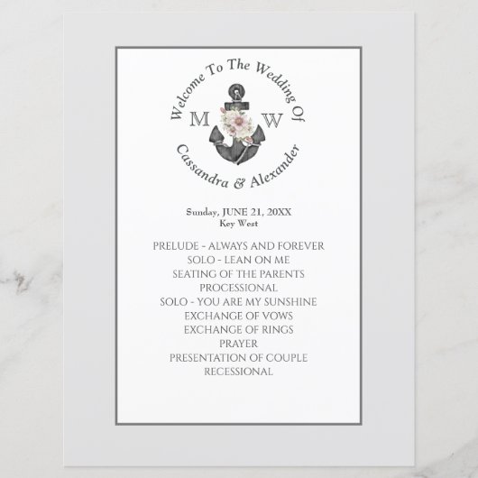 Hochzeitsprogramm für Silberne graue Nautic Floral (Vorderseite)
