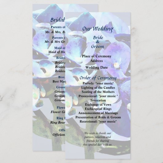 Hochzeitsprogramm für Small Blue Hydrangea Programm (Vorne/Hinten)
