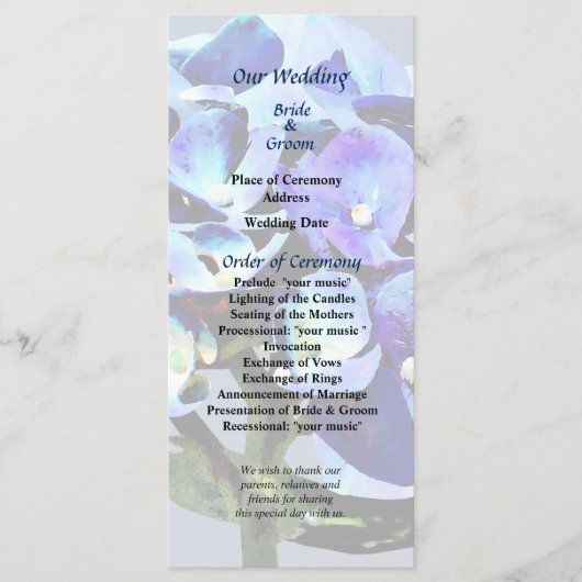 Hochzeitsprogramm für Small Blue Hydrangea Programm (Vorderseite)