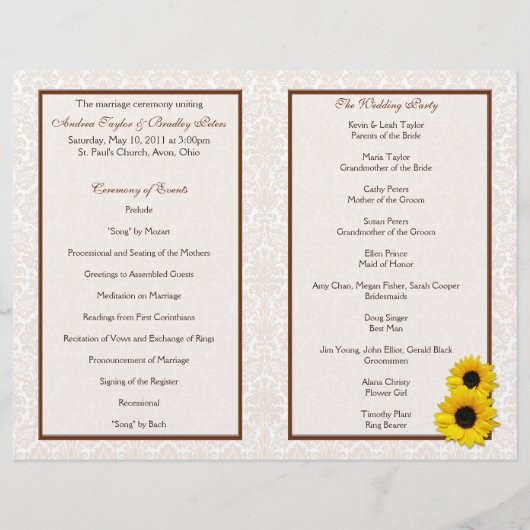 Hochzeitsprogramm für Sonnenblumen (Rückseite)