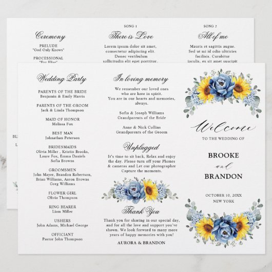 Hochzeitsprogramm für Sonnenblumen-Blauschiefer (Vorne/Hinten)