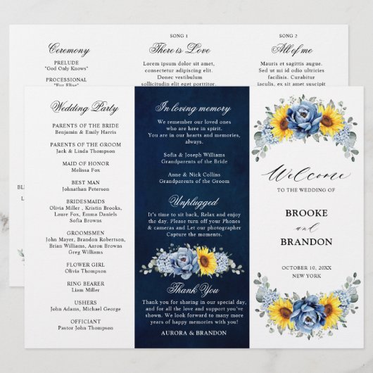 Hochzeitsprogramm für Sonnenblumen-Blauschiefer (Vorne/Hinten)