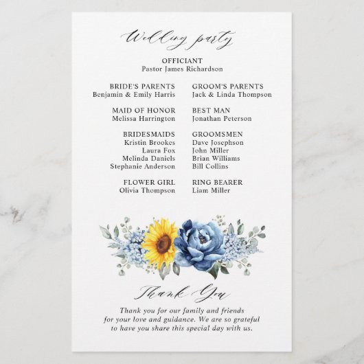 Hochzeitsprogramm für Sonnenblumen-Blauschiefer (Rückseite)