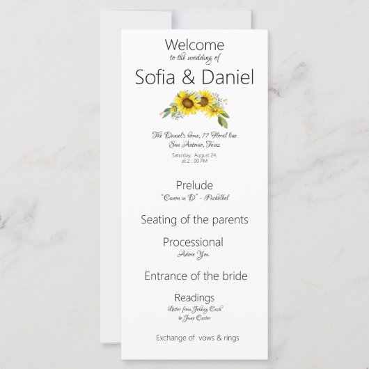 Hochzeitsprogramm für Sonnenblumen Flat Card (Vorderseite)