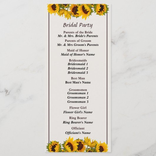 Hochzeitsprogramm für Sonnenblumen Programm (Rückseite)
