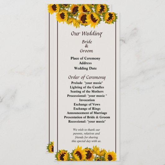 Hochzeitsprogramm für Sonnenblumen Programm (Vorne/Hinten)