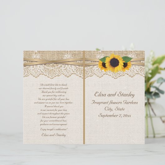 Hochzeitsprogramm für Spitzen und Sonnenblumen (Stehend Vorderseite)