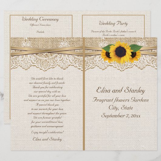 Hochzeitsprogramm für Spitzen und Sonnenblumen (Vorne/Hinten)