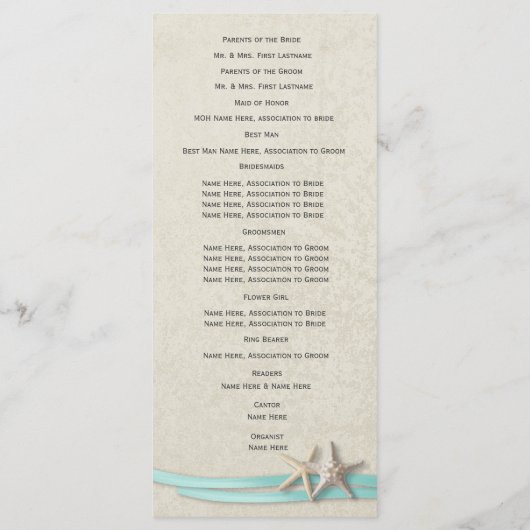Hochzeitsprogramm für Starfish und Aqua Ribbon Programm (Rückseite)