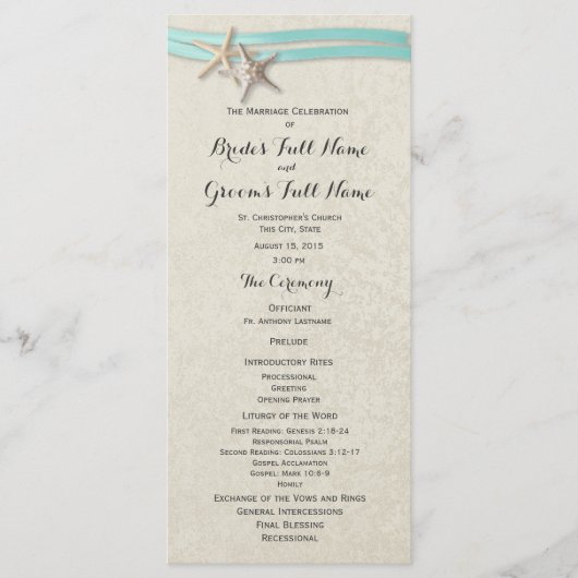 Hochzeitsprogramm für Starfish und Aqua Ribbon Programm (Vorderseite)