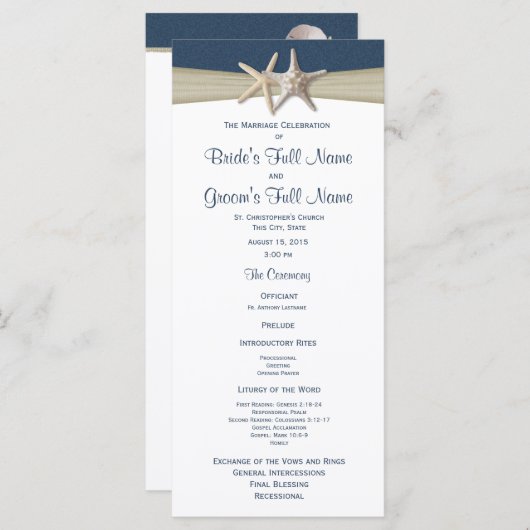 Hochzeitsprogramm für Starfish und Burlap Blue Bea Programm (Vorne/Hinten)