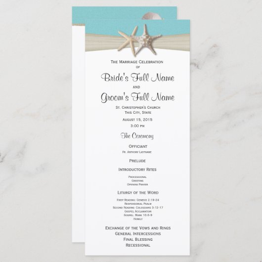 Hochzeitsprogramm für Starfish und Burlap Coral Be Programm (Vorne/Hinten)