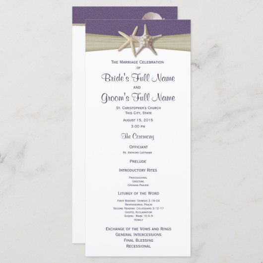 Hochzeitsprogramm für Starfish und Burlap Lila Bea Programm (Vorne/Hinten)