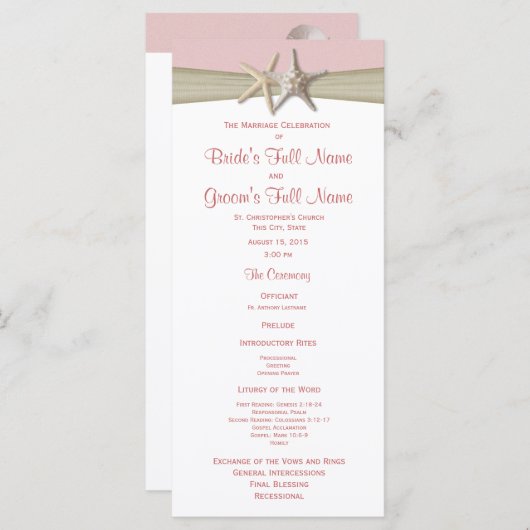 Hochzeitsprogramm für Starfish und Burlap Pink Bea Programm (Vorne/Hinten)