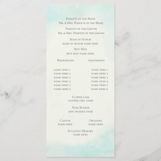 Hochzeitsprogramm für Starfish und Lace Aqua Programm (Rückseite)