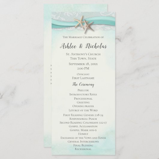 Hochzeitsprogramm für Starfish und Lace Aqua Programm (Vorne/Hinten)