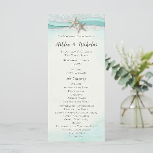 Hochzeitsprogramm für Starfish und Lace Aqua Programm (Stehend Vorderseite)