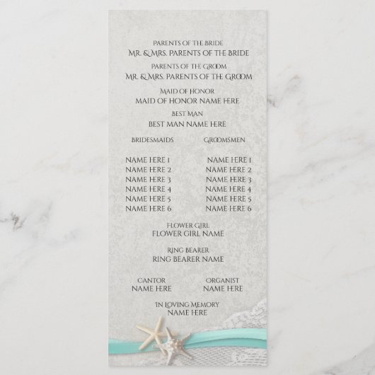 Hochzeitsprogramm für Starfish und Lace Gray Programm (Rückseite)