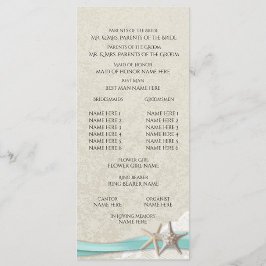 Hochzeitsprogramm für Starfish und Spitzen Programm (Rückseite)