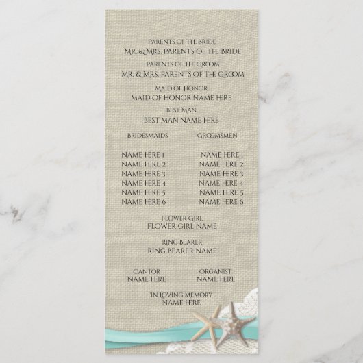 Hochzeitsprogramm für Starfish und Spitzen Programm (Rückseite)