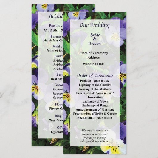 Hochzeitsprogramm für Stiefmütterchen Programm (Vorne/Hinten)