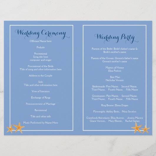 Hochzeitsprogramm für Strandpaare (Rückseite)