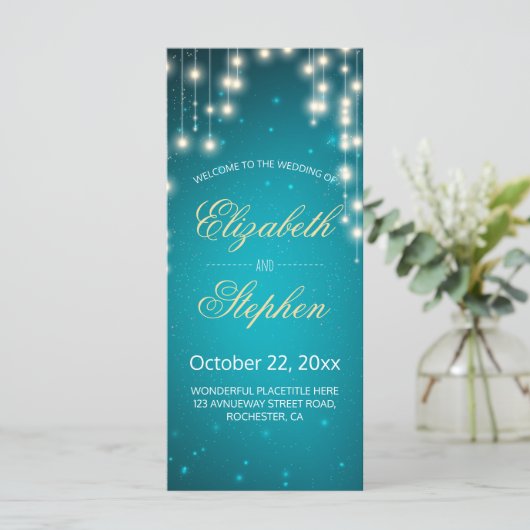 Hochzeitsprogramm für String Lights & Turquoise Gl Programm (Stehend Vorderseite)