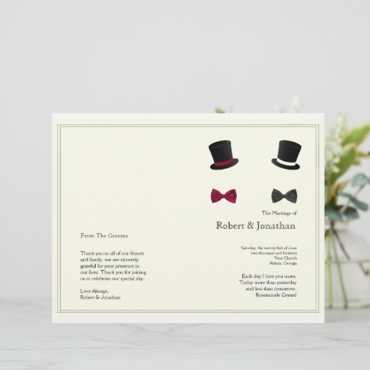 Hochzeitsprogramm für Top Hats und Bow-Krawatte (Stehend Vorderseite)